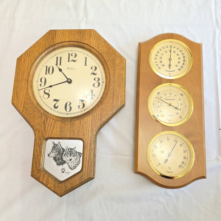 Svoboda Wall Clock with Wolf Design and Weather Station Thermometer, Barometer, Hygrometer