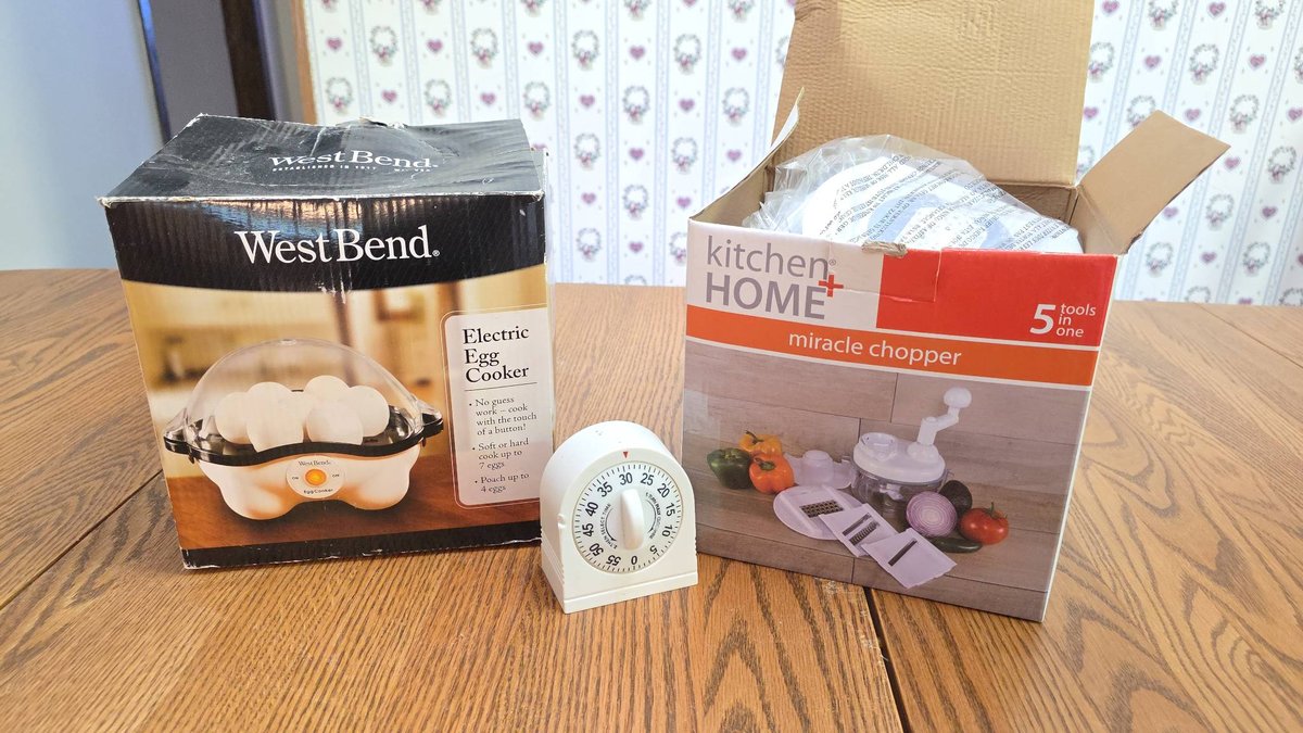 West Bend Electric Egg Cooker, Kitchen+Home Miracle Chopper (Appears Unused), and Timer