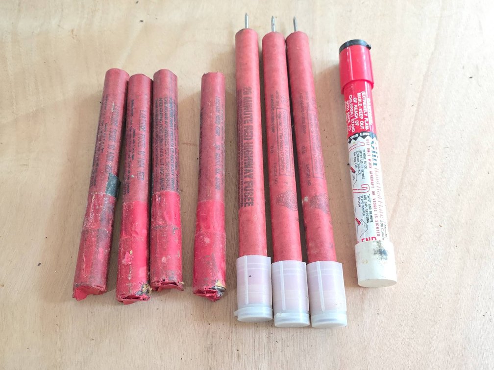 8 Red Emergency Flares, Including Lakeside, Highway, and Olin Brands
