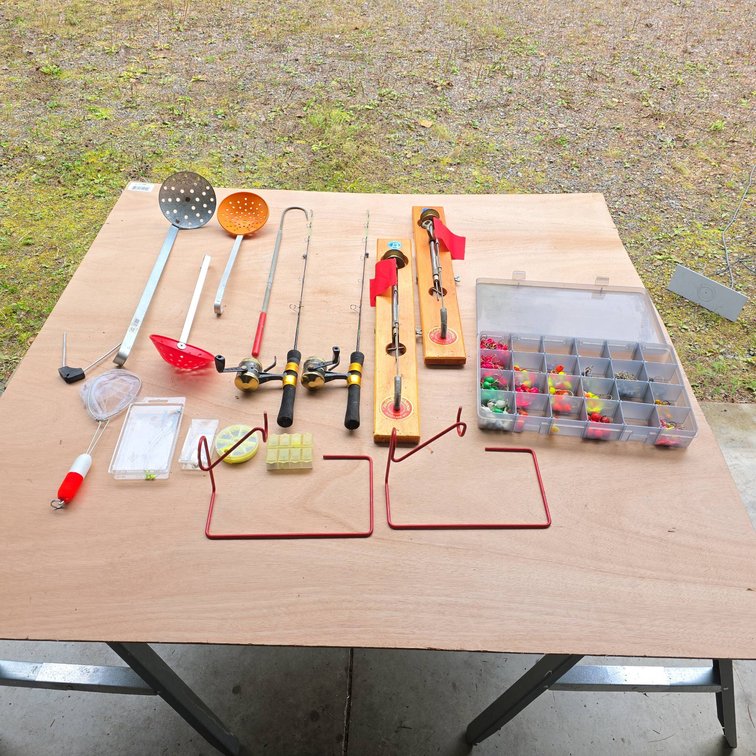 Ice Fishing Gear Lot with Rods, Tip-Ups, Lures, and Accessories