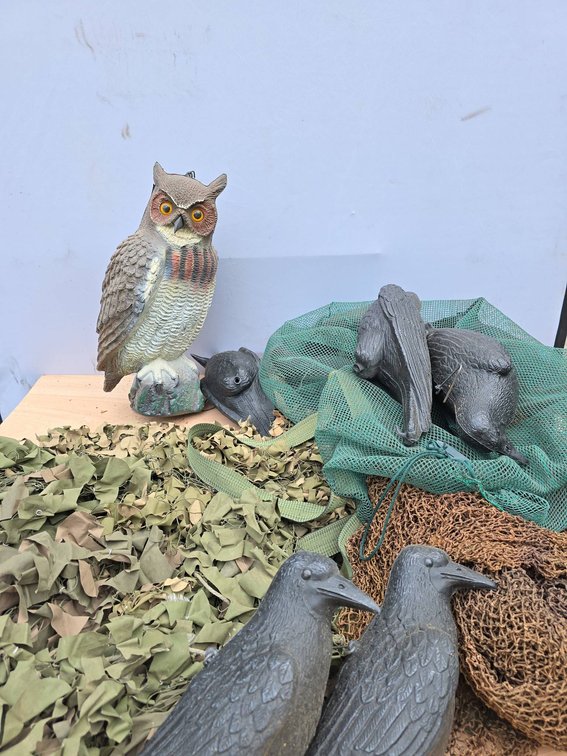 Hunting Blind with 1 Owl Decoy (25 Inches Tall), 10 Crow Decoys, and Netting