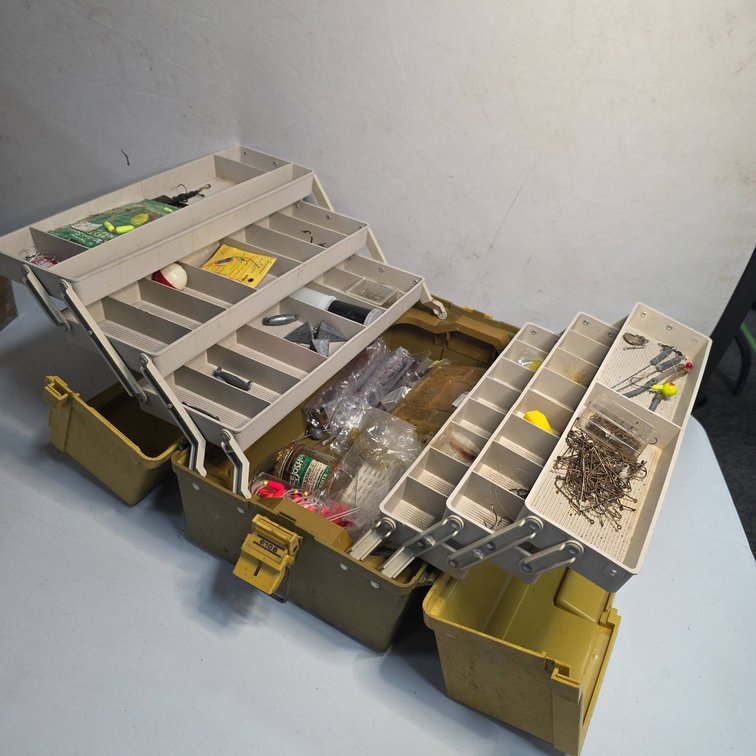Plano Tackle Box With Assorted Fishing Lures, Hooks, Sinkers, Floating Bobbers, And Accessories