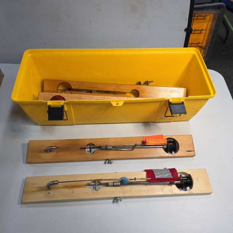 (2) Ice Fishing Tip-Ups, Beaver Dam Parts and Yellow Plastic Storage Box