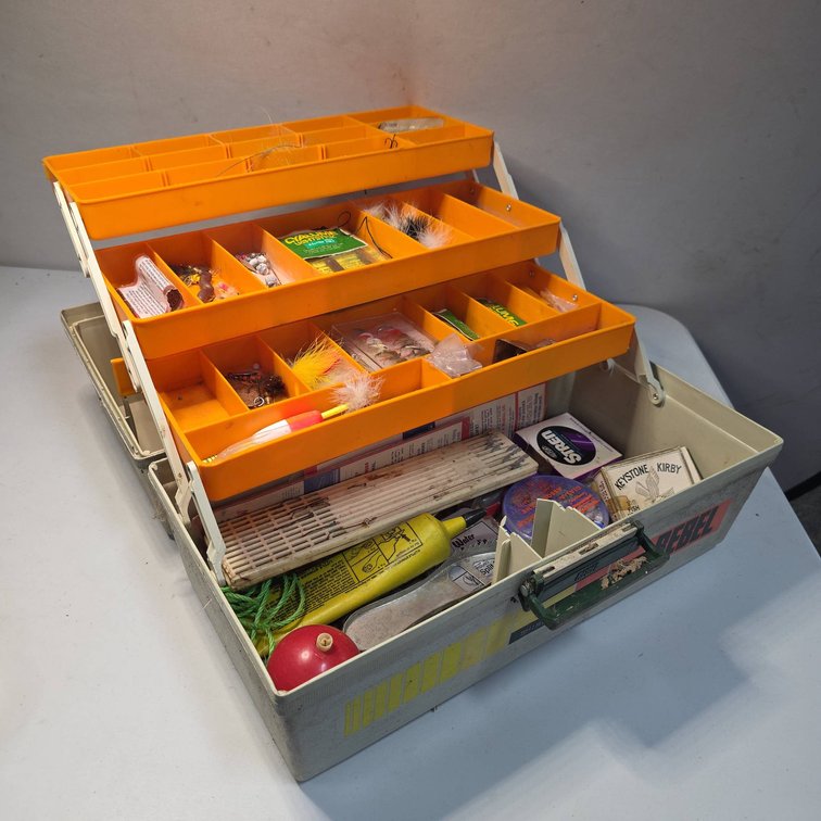 Rebel 600 Tackle Box With Assorted Fishing Gear, Lures, Hooks, Bobbers, etc