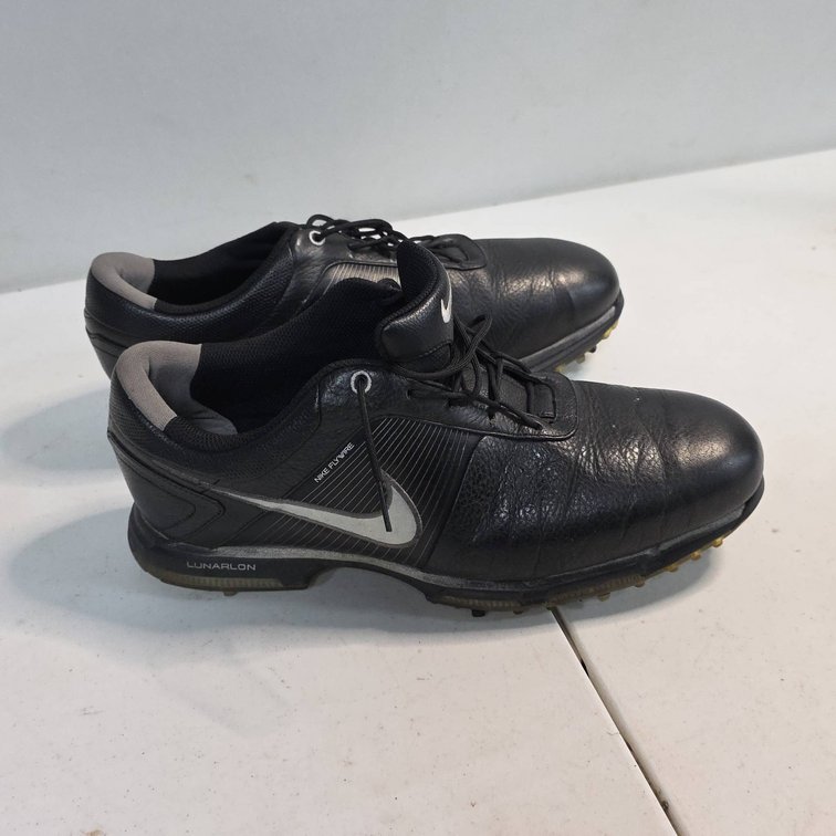 Nike Men's Size 11W Lunarlon Flywire Black Leather Golf Shoes With Spiked Soles