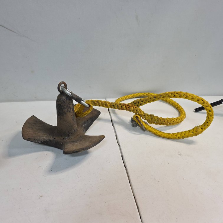 Metal Boat Anchor with Braided Yellow Rope, Includes Metal Shackle