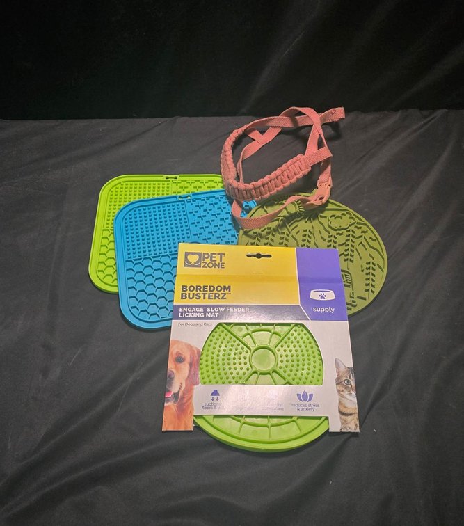Pet Zone Boredom Busters Feeding Mats, Themed Licking Mats, and Medium Dog Harness