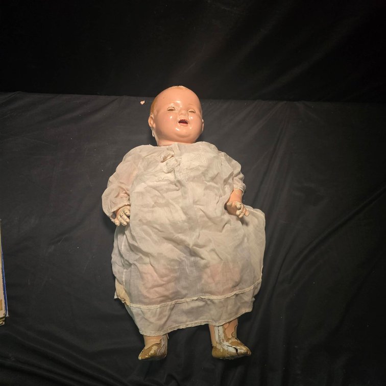 Large 24-Inch Composition Baby Doll with Cloth Body, Painted Features, and Original White Gown