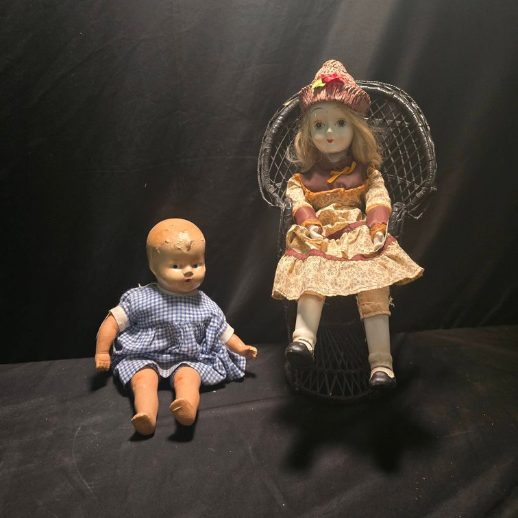 Composition and Porcelain Dolls, Largest 24 Inches, with Miniature Wicker Chair