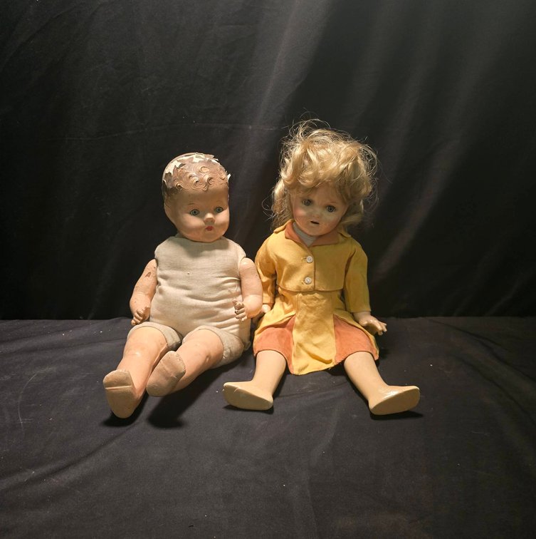 Composition Dolls Approx 18" Tall, One in Yellow Dress with Blonde Hair, One Baby Doll with Painted Hair