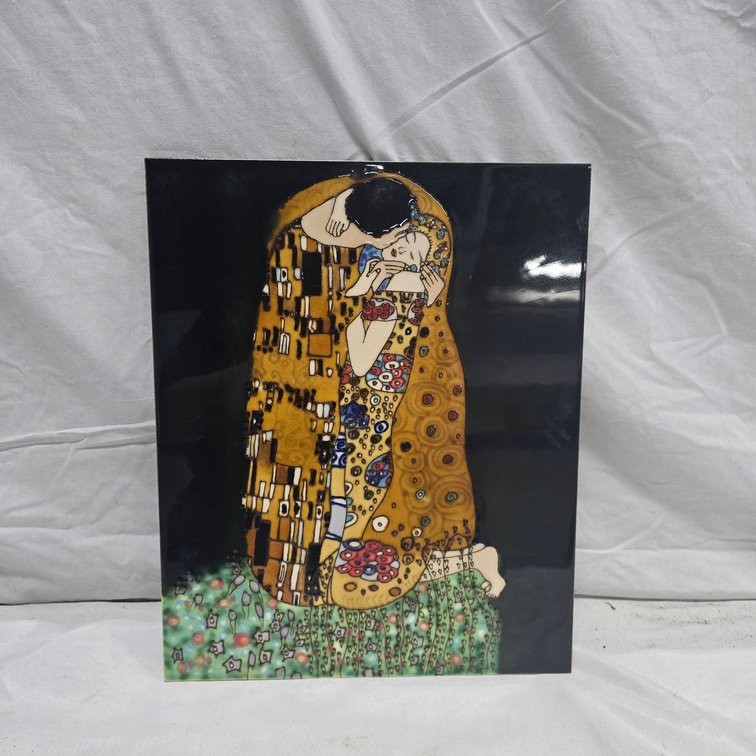 Textured Heavy Tile Wall Art Featuring Klimt's The Kiss, Measures 16x13 Inches
