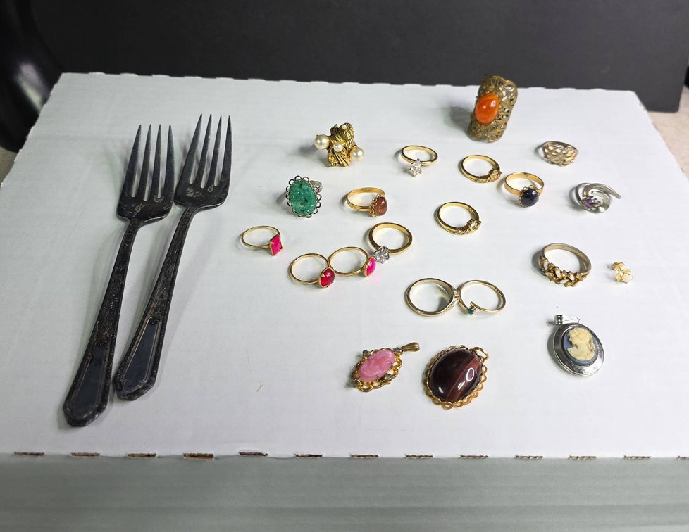 Jewelry and Silverplate Lot: 17 Rings, 3 Pendants, 1 Earring, 2 Wm. Rogers Forks
