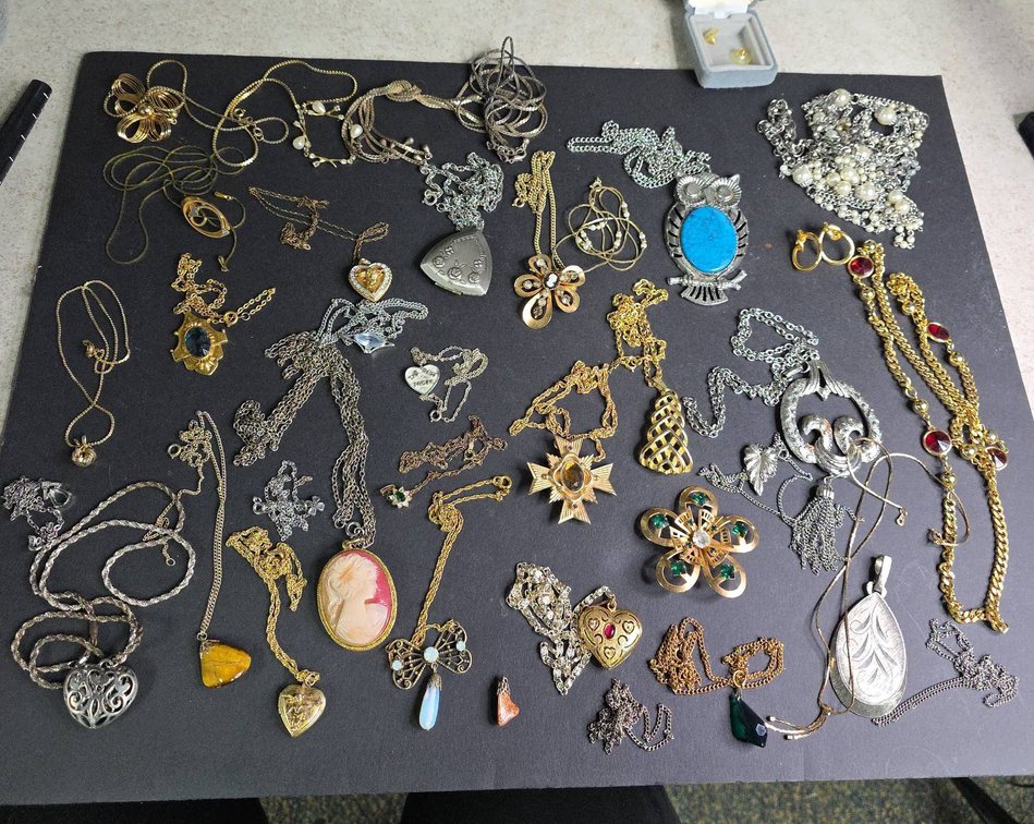 Jewelry Lot: Approx. 30 Necklaces, One Pair Gold Tone Earrings, One Gold-Tone Floral Pin
