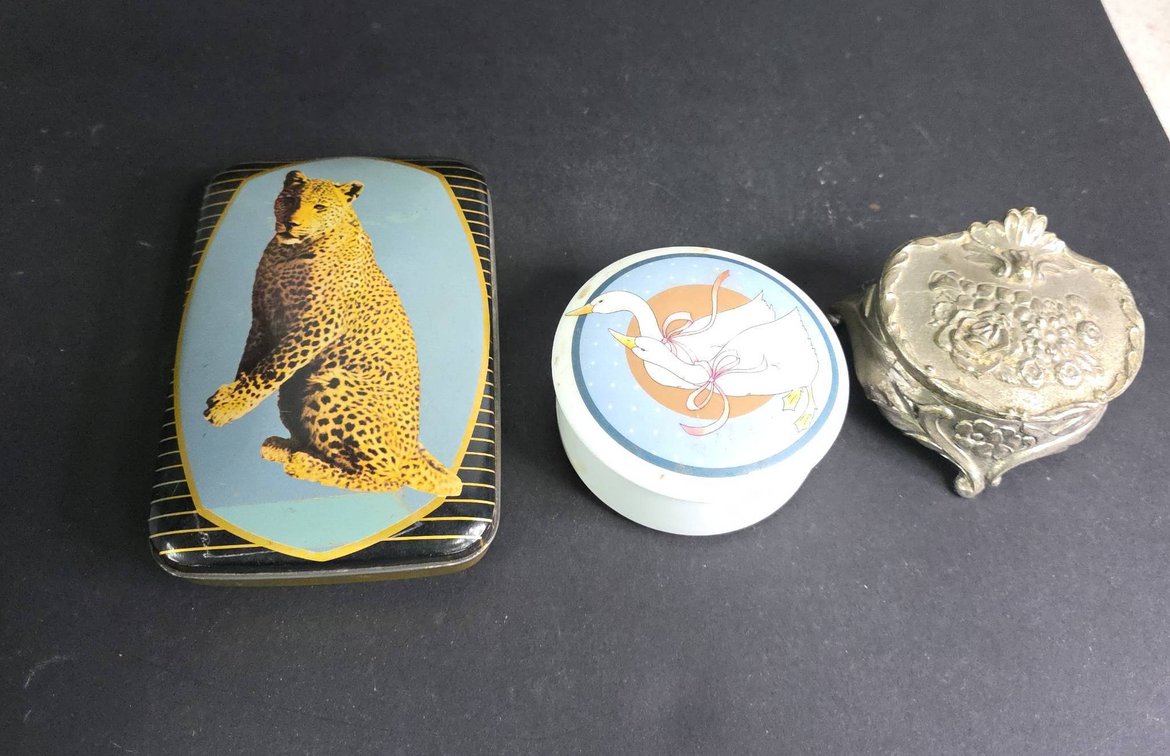 3 Small Boxes: Edward Sharp Tin Leopard, Japan Porcelain Goose, Silverplate Jewelry, Largest 6"