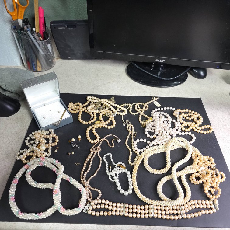Faux Pearl Necklaces and Earrings Collection Including Multi-Strand and Floral Designs
