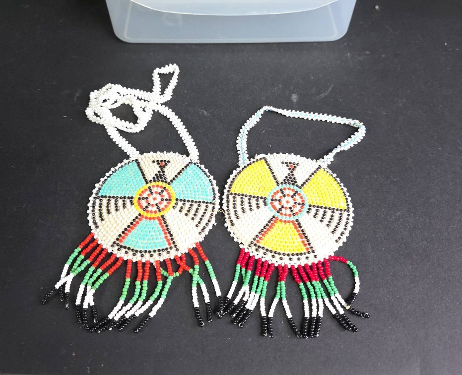 Beaded Circular Medallion Necklaces With Fringes and Native American Motif