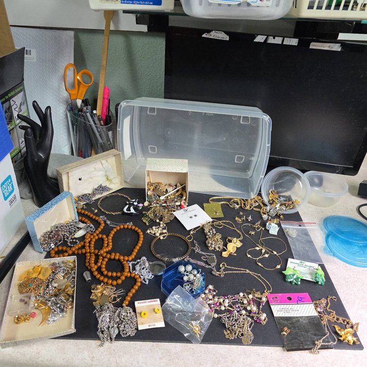 Costume Jewelry Lot With Necklaces, Earrings, Pins, Bracelets, Animal Pendants, Beads