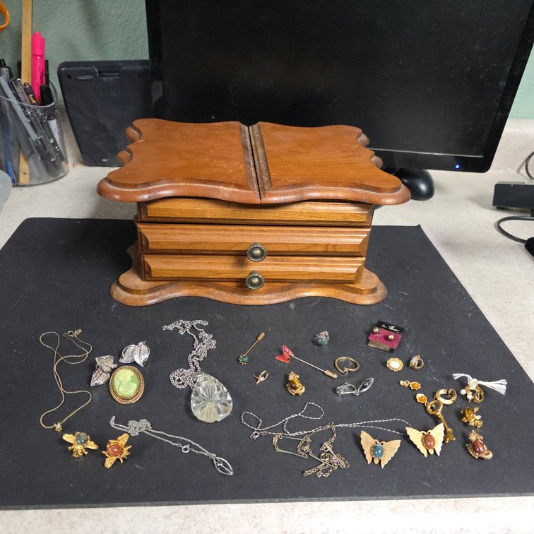 Wooden Jewelry Box with Lift-Top Lid, (2) Drawers, Assorted Necklaces, Pins, Ring, and Earrings
