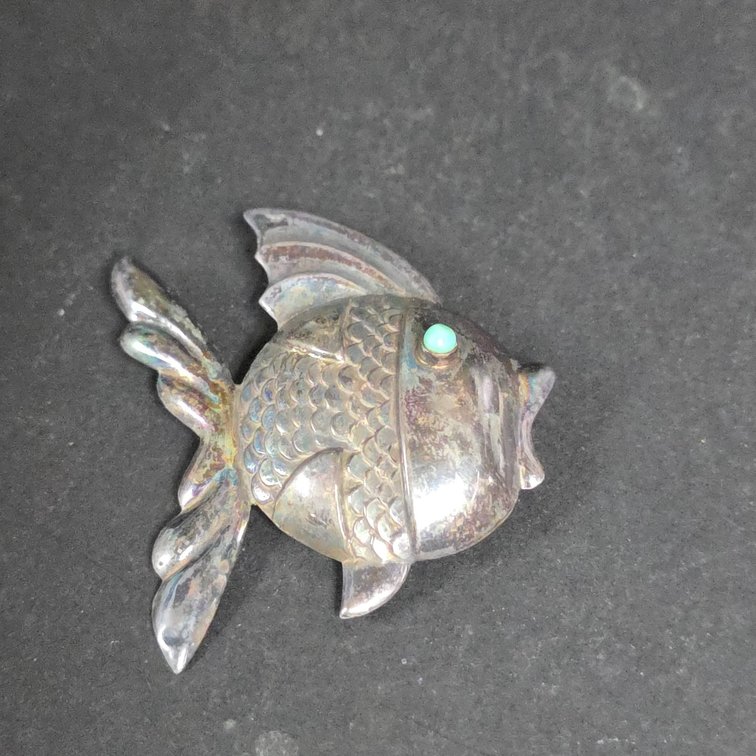 Mexican Sterling Silver Fish Brooch with Turquoise Eye, Marked, Artistic Fin and Scale Detailing