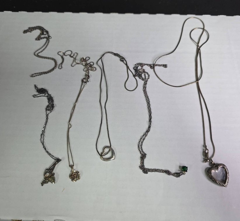 (6) Sterling Silver Necklaces Featuring Leaf, Rose, Heart, and Green Stone Pendants