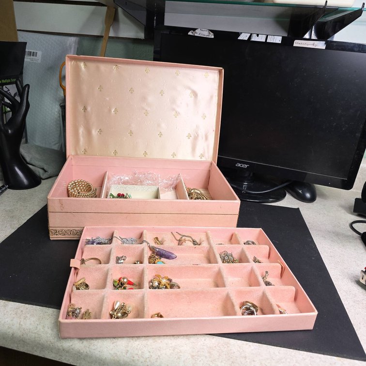 Costume Earrings and Necklaces in Pink Patterned Jewelry Box with Compartments