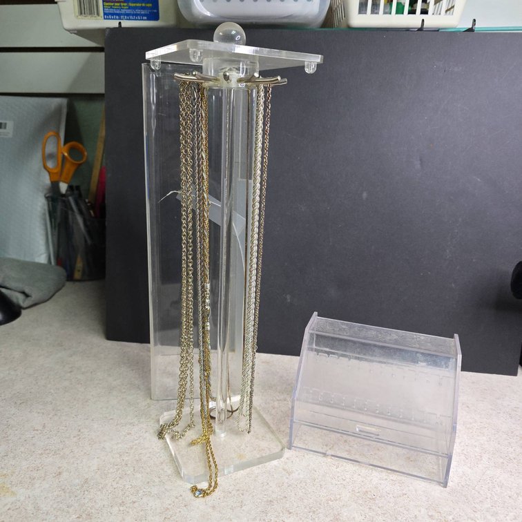 (9) Mixed Metal Necklaces With Plastic Holders for Necklaces and Earrings, Tallest 13 Inches