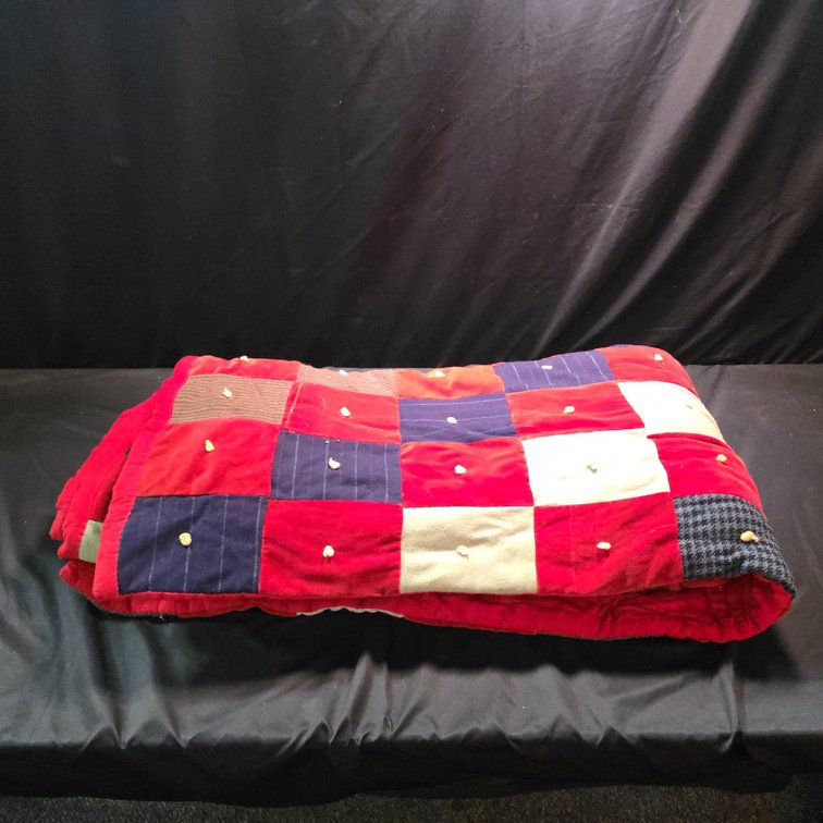 Handmade Multicolor Patchwork Quilt with Red, Blue, and Gray Wool and Velvet, 83" x 65"