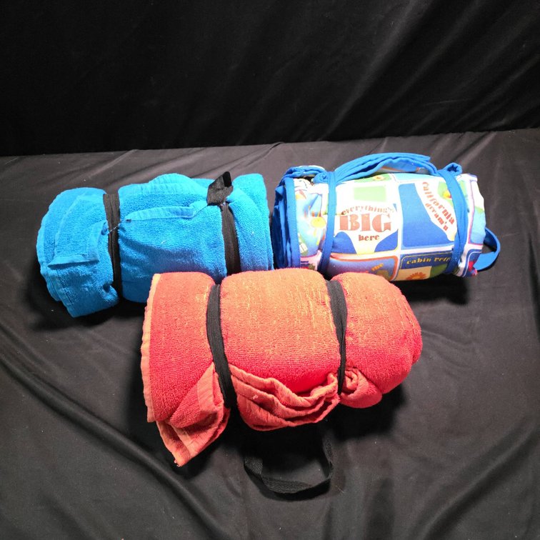 Two Towels in Red and Blue and Printed Picnic Blanket with Carry Straps