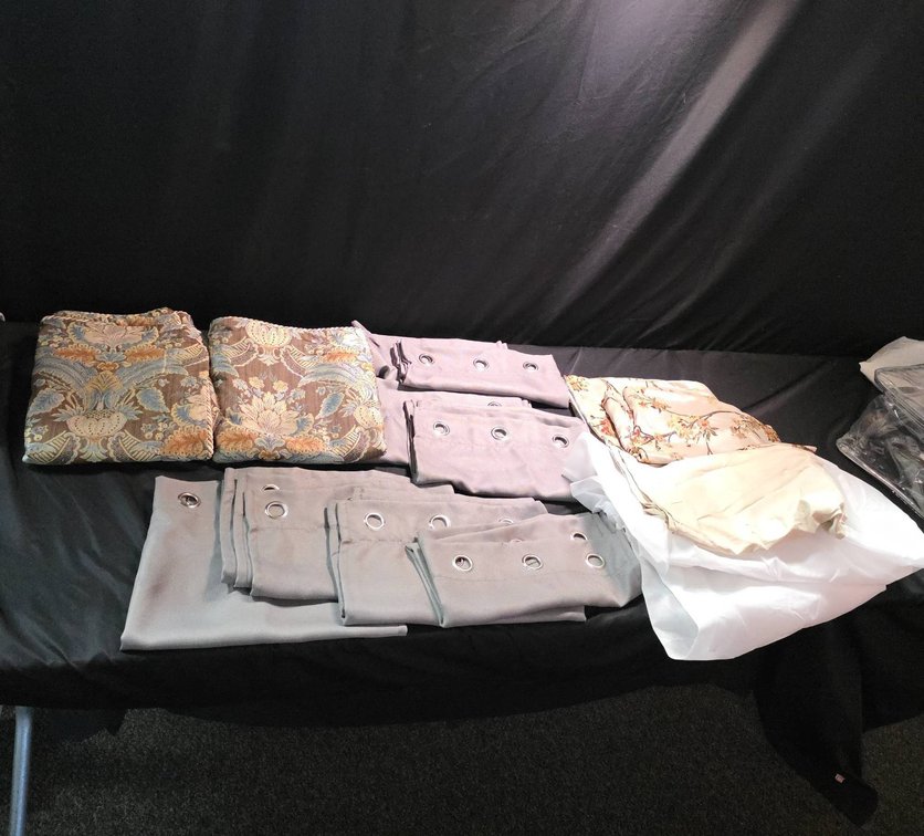 Curtain Panels, (4) Pillow Shams with Floral Patterns, and Bed Skirt Set