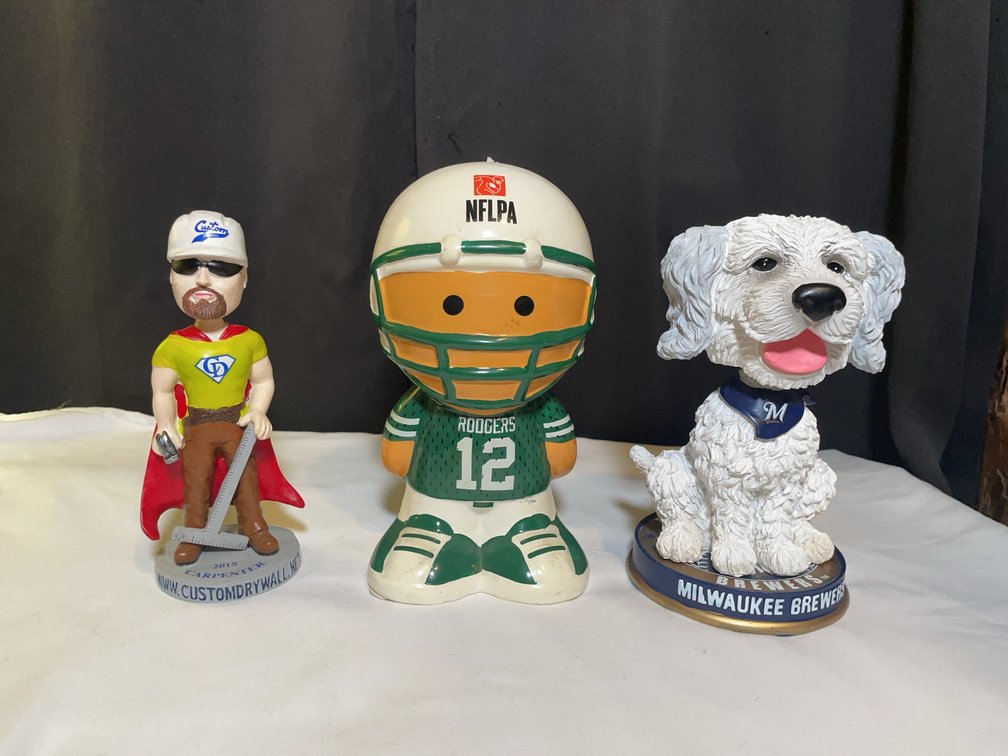 3pc Milwaukee Brewers Hank Ballpark Pup Bobblehead, Aaron Rodgers Piggy Bank, Custom Drywall Bobblehead