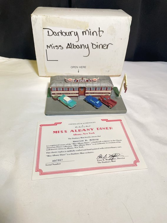Danbury Mint Miss Albany Diner Sculpture with Cars, Flag, Box, and Certificate of Authenticity