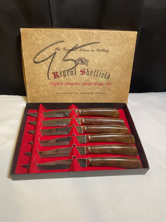 Regent Sheffield English Stainless Steel 6pc Steak Knife Set with Brown Handles and Original Box