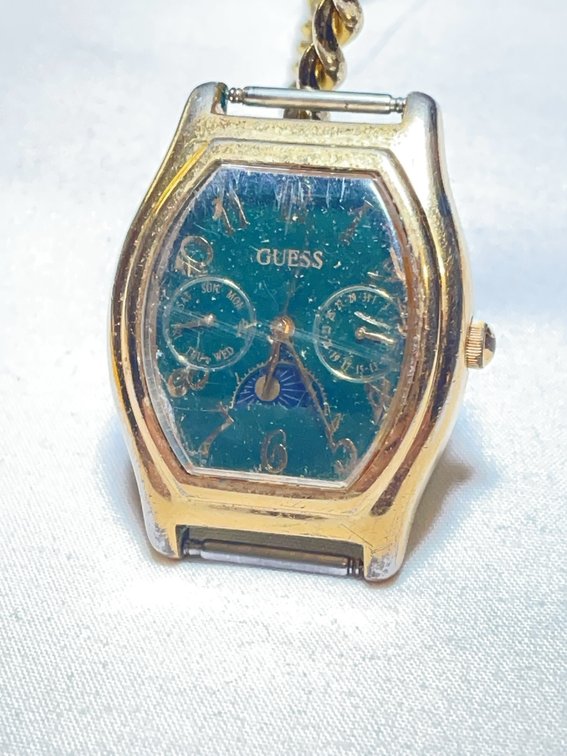 Vtg Guess Gold-Tone Sun and Moon Date Watch, Forest Green Dial