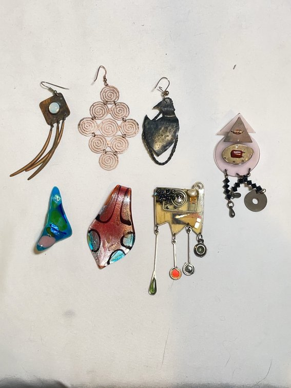 7pc Abstract Modern and Art Deco Style Singular Earrings and Pins, Copper, Glass, Mixed Materials