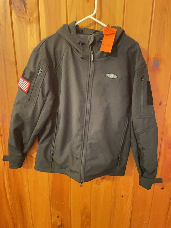 NWT Heated Jacket Size L, Black, Two-Way Zipper, American Flag Patch, Multiple Zipper Pockets - Wasoto