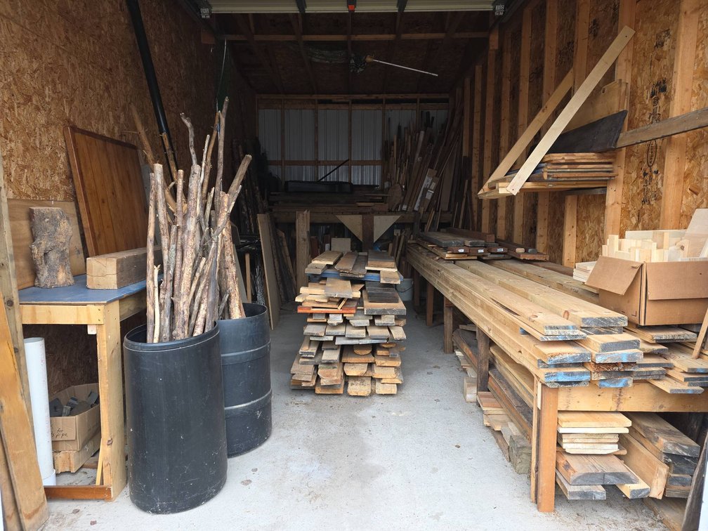 Large Storage Locker With Dry Lumber, Barn Wood, Basketball Hoop, Fishing Net, Wood Workers Dream