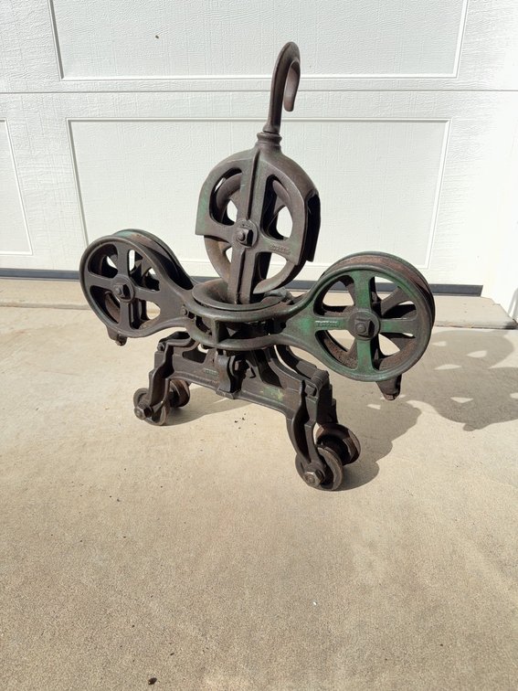 Antique Cast Iron Hay Trolley Pulley with Hook and Triple Wheel Assembly