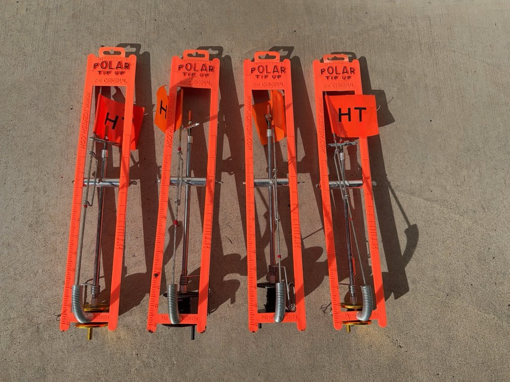 4 HT Polar Tip-Up Ice Fishing Traps with Orange Flag and Metal Reel