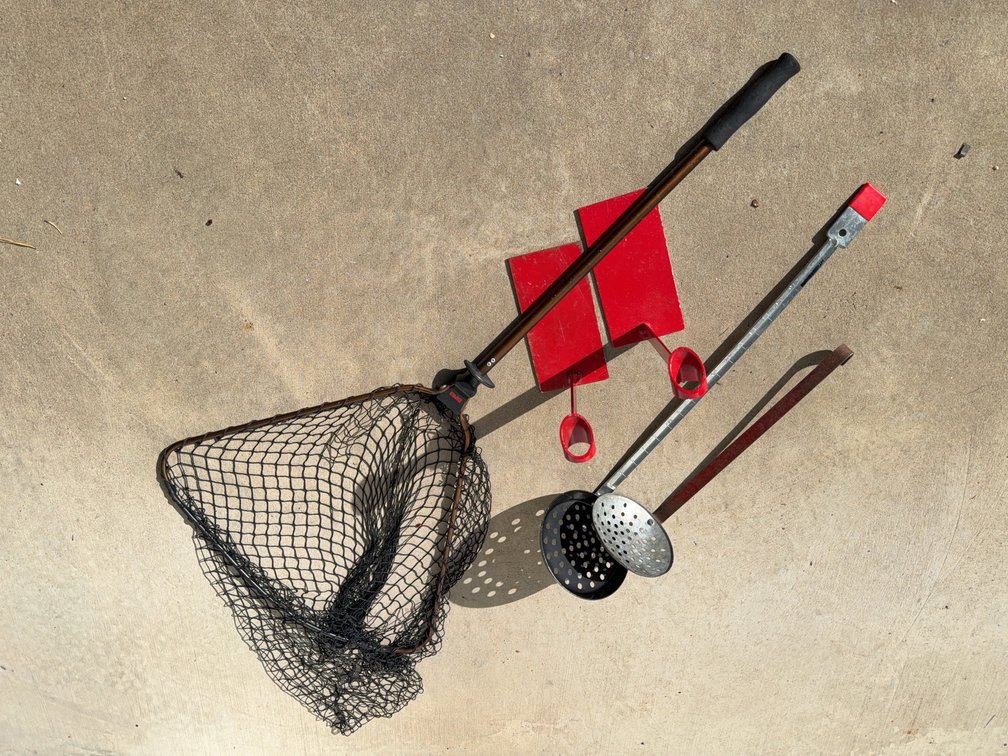 Rapala Landing Net, HT Enterprises Skimmer, Metal Skimmer, 2 Red Ice Chisel Spikes – 5 Pc Lot