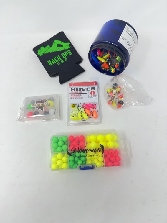 Fishing Tackle With Lures, Jigs, Floats, VMC Hover Jigheads, Hadoram Set, and Tray