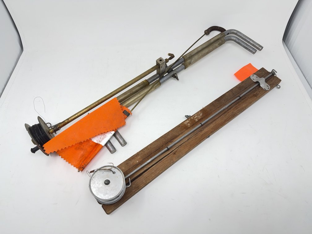 Vintage Ice Fishing Tip-Up Devices with Metal Reels and Orange Flags, Lot of 2