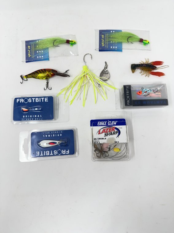 Freshwater Fishing Lure Lot: Dr. Fish Bucktail Jigs, Frostbite, Eagle Claw, Spinner, Crankbait