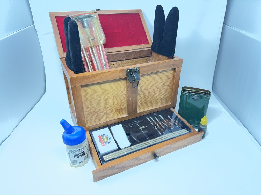 Wooden Gun Cleaning Kit Box with Tools, Brushes, Cleaning Rods, and Accessories