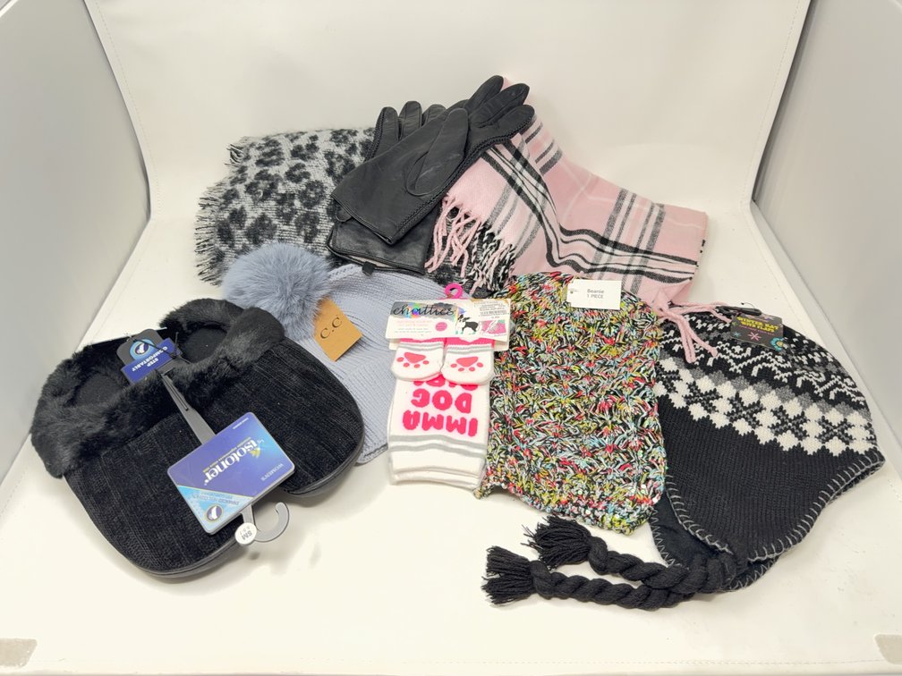 Winter Accessories Lot: Isotoner Slippers, Gloves, CC Beanie, Scarves, Knit Hats, Socks