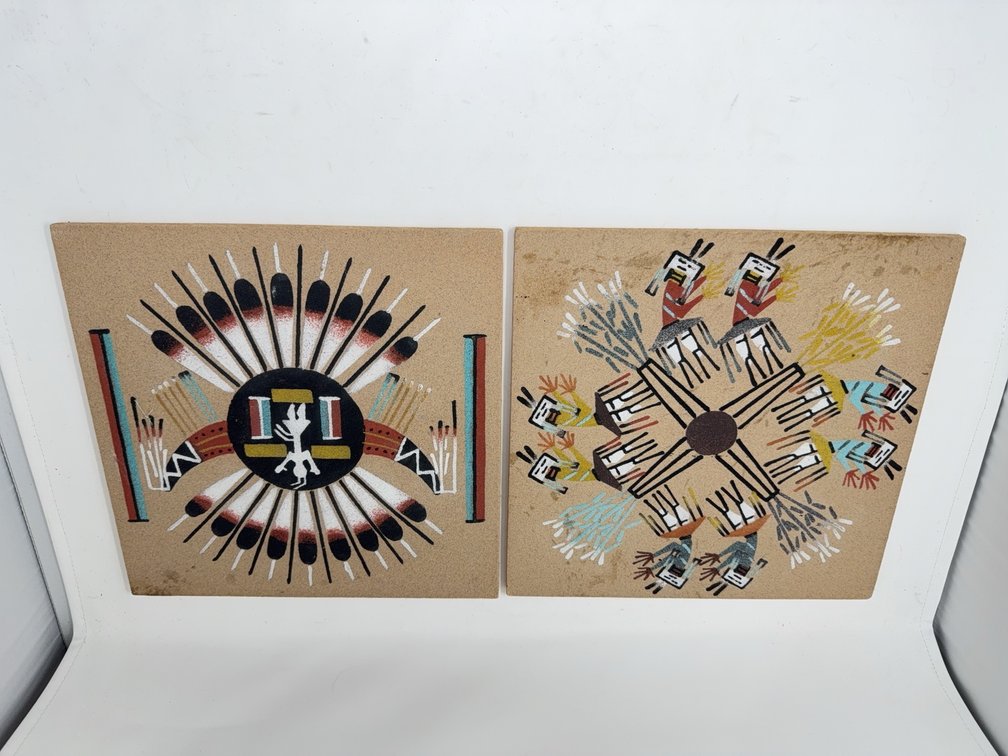 Navajo Sand Paintings on Board, One Titled "Rainbow Gods - Yeibichai"
