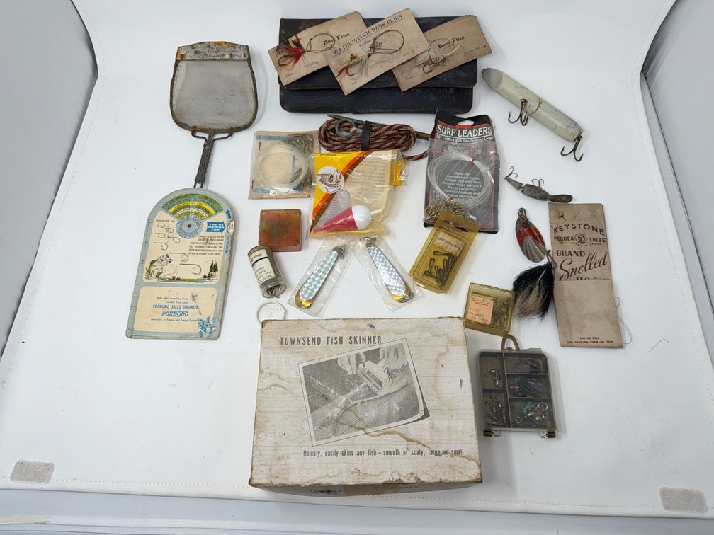 Vintage Fishing Tackle Lot With Townsend Fish Skinner, Lures, Hooks, and Accessories