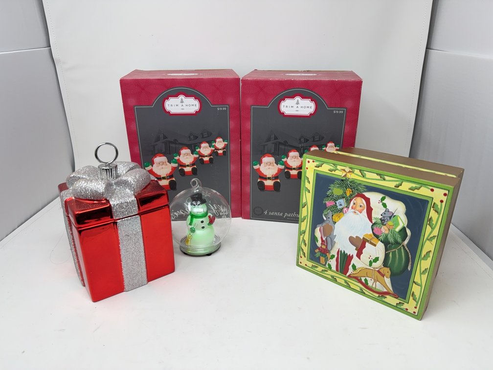 Christmas Decor Lot: Wooden Santa Box, Trim A Home Santa Lights, Gift Box Jar, Snowman Globe