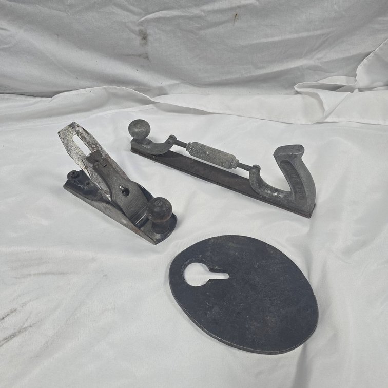 3 Vintage Hand Tools: Smoothing Plane, Surform Rasp, and Large Oval Metal Plate