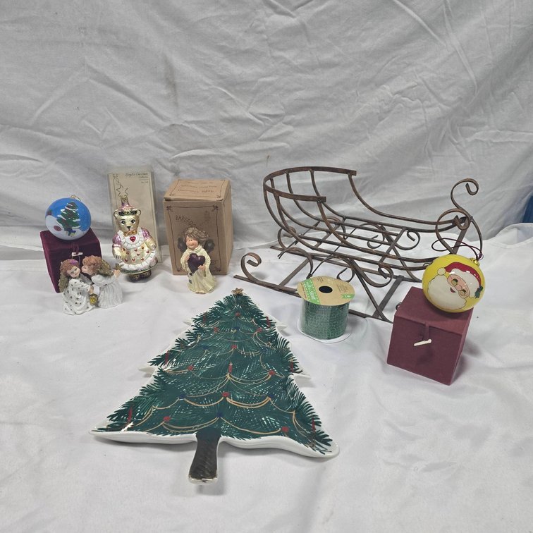 Holiday Decor Lot With Ceramic Christmas Tree, Angel Figurines, Metal Sleigh, Ornaments, Largest 14"