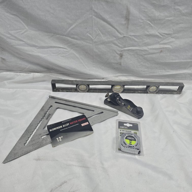 Stanley Hand Plane, Aluminum Alloy Rafter Square, Master 16' Tape Measure, Level Tool Lot